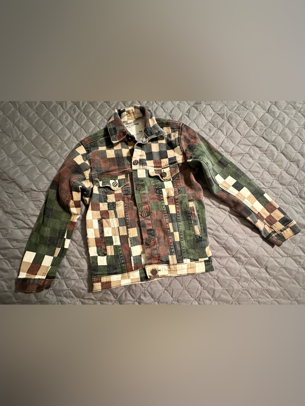 Boys Patchwork Check Trucker Denim Jacket - Green/Brown/Tan Size S(8)